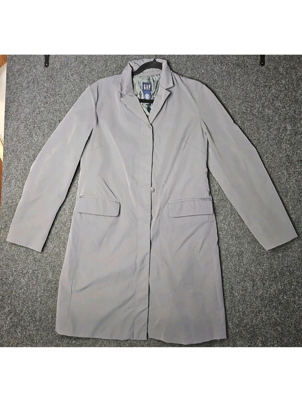 Vintage GAP Women's Gray Trench Coat Longline Car Jacket Notched Lapel Sz [M]...